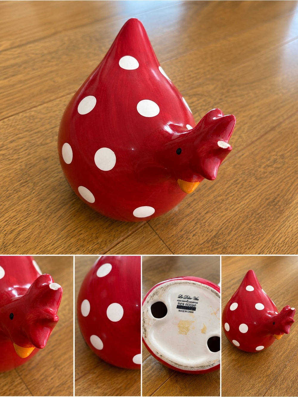 Vintage Red Polka Dot Ceramic Chicken Hen Figurine Farmhouse Decor